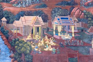 Mural con escenas del Ramayana en Wat Phra Kaeo, Gran Palacio Real, Bangkok, Tailandia de Thai School