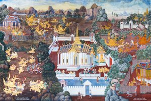 Mural con escenas del Ramayana en Wat Phra Kaeo, Gran Palacio Real, Bangkok, Tailandia
