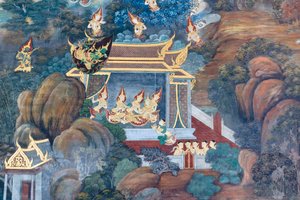 Mural con escenas del Ramayana en Wat Phra Kaeo, Gran Palacio Real, Bangkok, Tailandia de Thai School