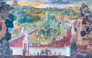 Mural con escenas del Ramayana en Wat Phra Kaeo, Gran Palacio Real, Bangkok, Tailandia