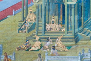 Mural con escenas del Ramayana en Wat Phra Kaeo, Gran Palacio Real, Bangkok, Tailandia de Thai School