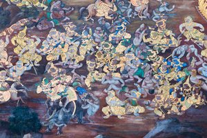 Mural con escenas del Ramayana en Wat Phra Kaeo, Gran Palacio Real, Bangkok, Tailandia de Thai School