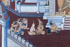 Mural con escenas del Ramayana en Wat Phra Kaeo, Gran Palacio Real, Bangkok, Tailandia de Thai School