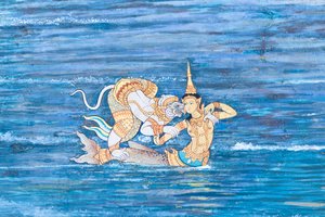 Mural con escenas del Ramayana en Wat Phra Kaeo, Gran Palacio Real, Bangkok, Tailandia de Thai School
