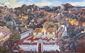 Murales con escenas del Ramakian en Wat Phra Kaeo, Gran Palacio Real, Bangkok,Tailandia