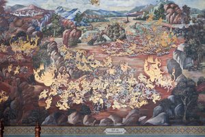 Murales con escenas del Ramakian en Wat Phra Kaeo, Gran Palacio Real, Bangkok,Tailandia de Thai School