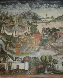 Ciudad de Phitsanulok y fuente con estatuas de Buda, Wat Bowonniwet Vihara, Bangkok