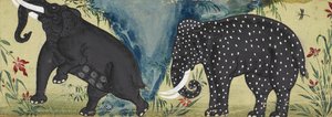 Dos elefantes junto a un río, uno cubierto de manchas blancas