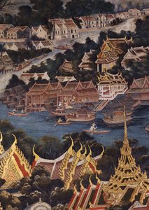Vista del Palacio Real de Bangkok, el río Chao Phraya y Tonburi, mostrando casas tailandesas de madera y viviendas chinas de ladrillo y estuco, 1864