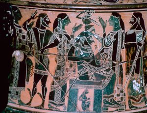 Ánfora de cuello de figuras negras que representa el nacimiento de Atenea, Ática, Grecia de The Antimenes Painter