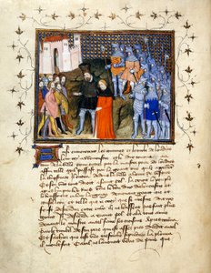 (Folio entero) El rey Ricardo II, conducido cautivo por Enrique Bolingbroke a Londres, renuncia al trono; orla decorada con texto debajo.