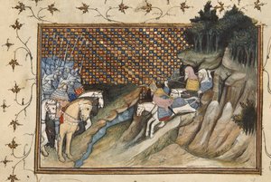 Harley 1319, f.9 Art Mór cabalgando para encontrarse con el conde de Gloucester, de 
