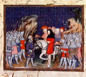 Harley 1319, fol.44, el rey Ricardo II se encuentra con el conde de Northumberland en Conway y le ofrece renunciar a la corona de The Virgil Master
