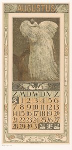 Hoja de calendario agosto con pavo real blanco
Calendario 1910 12 litografías de Th. v. Hoytema (título de la serie)