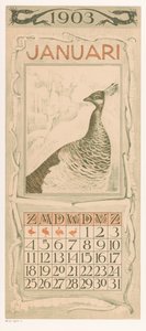 Hoja de calendario enero con pavo real
Calendario 1903 12 litografías de Th. v. Hoytema (título de la serie) de Theo van Hoytema