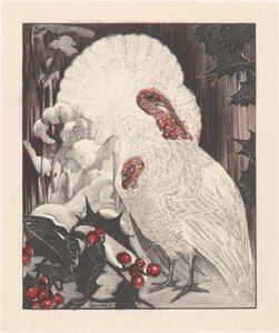 Dos pavos blancos junto a ramas de acebo en la nieve de Theo van Hoytema