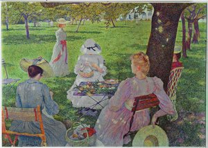 Familia en un jardín con árboles frutales (pintura sobre lienzo) de Theo van Rysselberghe