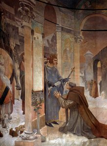 El rey Luis IX (San Luis) (1214-1270) presenta la Carta de Fundación del Colegio de la Sorbona a Robert de Sorbon (1201-1274) su confesor en 1257 de Theobald Chartran