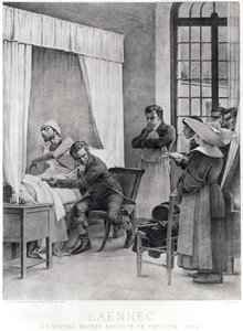 René Théophile Hyacinthe Laennec escuchando el pecho de un hombre con tuberculosis de Theobald Chartran