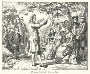 La Corte de las Musas de Weimar: el poeta y dramaturgo alemán Friedrich Schiller leyendo en Schloss Tiefurt, con Christoph Martin Wieland, Johann Wolfgang Goethe y Johann Gottfried Herder entre los oyentes de Theobald Reinhold von Oer
