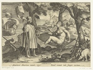 Amerigo Vespucci pisa América America. Américas Américas retexit. Semel vocauit inde semper excitam (título sobre objeto) Nuevos inventos y descubrimientos (título de la serie) Nova Reperta (título de la serie)