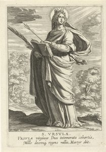 Santa Úrsula S. Vrsvla (título sobre el objeto) Heiligen femenino (título de la serie) Espejo Iluminado Virgen (título de la serie)