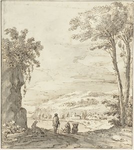Paisaje fluvial italiano con excursionistas junto a una roca de Theodoor Wilkens