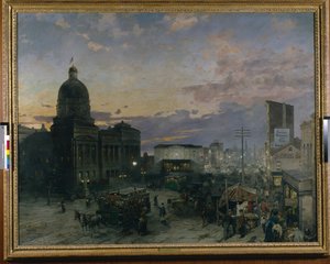 Washington Street, Indianapolis At Dusk (óleo sobre lienzo) de Theodor Groll