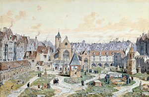 Vista del cementerio de los Inocentes en París en 1550