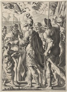 Alejandro Magno cortando el nudo gordiano con su espada de Theodor Matham