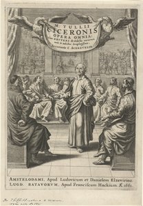 Cicerón y figuras discutiendo Página de título para: Cicerón, opera omnia, 1661