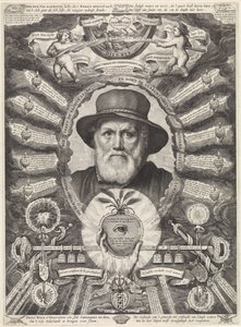 Retrato de Dirck Volckertsz. Ciervo Coorn en marco alegórico de Theodor Matham