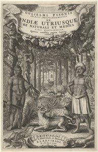 Dos hombres y animales salvajes frente a un bosque
Portada de: Indiae Utriusque, 1658 de Theodor Matham