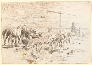 Caballos, terneros y gansos en el pozo holandés en Saltholm de Theodor Philipsen