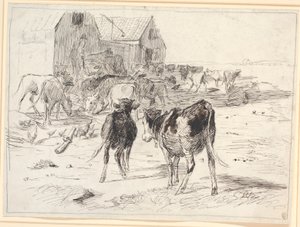 Cosecha de heno en Saltholm. Terneros agrupados alrededor de carros en el granero de Theodor Philipsen