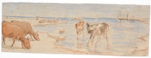 Vacas y terneros cerca del embarcadero en Saltholm (boceto para decoración de ponchera)