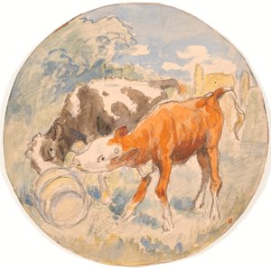 Dos terneros en el campo, lamiendo un diente de león caído (boceto para un plato de cerámica)