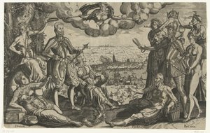 Comparación entre Oranje y Alva, con la Furia española de fondo, hacia 1577 de Theodor de Bry (attributed to)
