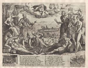 Comparación entre Oranje y Alva, con la Furia española de fondo, hacia 1577 de Theodor de Bry (attributed to)
