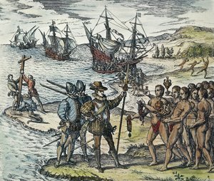 Desembarco de Colón en las Indias. 1594 (xilografía)