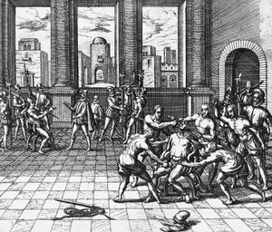 El emperador inca Atahualpa es garroteado por las tropas de Pizarro, 26 de julio