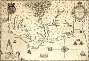 Mapa de 1590 grabado por Theodore de Bry a partir de una acuarela del colono inglés John White, gobernador de Roanoke. Virginia y costa con pequeñas islas y Roanoke en la desembocadura del río. Tierras nativas de Secotan y Weapemeoc.