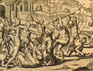 Martirio de los monjes misioneros en América del Sur, grabado de Historia americae, de Theodor de Bry (1528-1598), Frankfurt