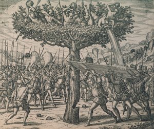 Nativos escondidos en los árboles luchando contra los conquistadores de Theodor de Bry