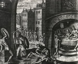 Sacerdote mata a la víctima de una falsa pelea y luego despelleja el cuerpo, México, grabado de Peregrinationes, de Theodor de Bry (1528-1598), América Central