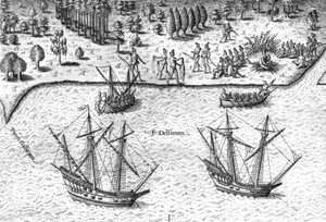 Los franceses desembarcan en la costa de Florida de Theodor de Bry