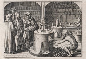 Tres eruditos conversan en el taller de alquimia, con horno e instrumentos - Grabado de Theodore de Bry (1528-1598), para el tratado de alquimia ""Tripus avreus, hoc est, Tres tractatus chymici selectissimi"" de Michael Maier (1569-1622)