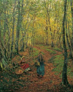 Interior del bosque con una chica buscando setas de Theodor von Hormann