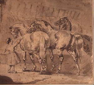 Niña pequeña alimentando caballos en un establo de Theodore (attr. to) Gericault