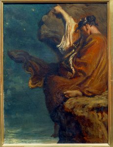 Safo, la poetisa griega Safo sentada en una roca y mirando al mar con melancolía de Théodore Chassériau